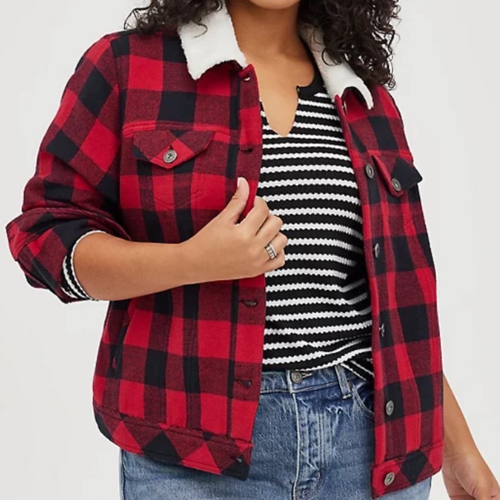 NWT TORRID Buffalo Plaid Red Trucker Coat - Sz 0X